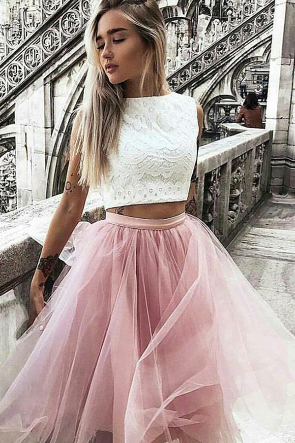 A-Line Tulle Bateau Lace Ivory Cap Sleeve Knee-Length Pink Two Piece Prom Dresses WK746