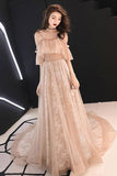 Charming Straps Flowy Tulle Lace Prom Dress with Train A Line Evening Dress with Ruffles WK825