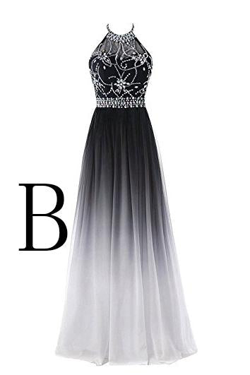Elegant A-Line Halter Gradient Chiffon Long Ombre Beads Lace up Prom Dresses WK363
