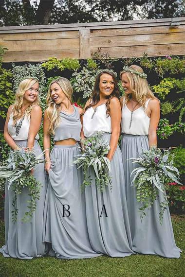 A-Line Two Piece V-Neck Sleeveless Floor-Length Gray Chiffon Bridesmaid Dress WK328