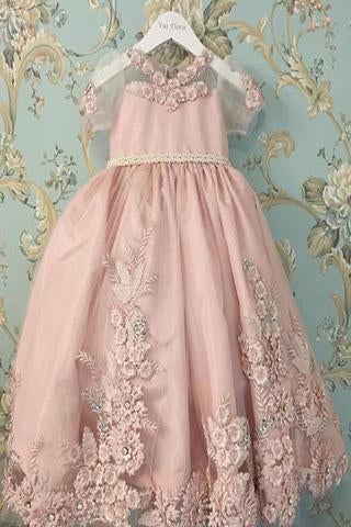 Blush Pink Short Sleeves Floor Length Appliqued Flower Girl Dress with Bow WK888