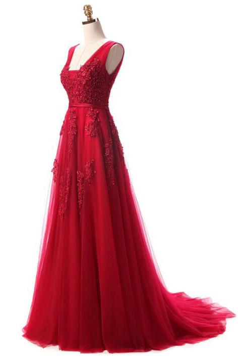 Elegant A Line Tulle Lace Appliques V Neck Backless Beads Red Long Prom Dresses WK41