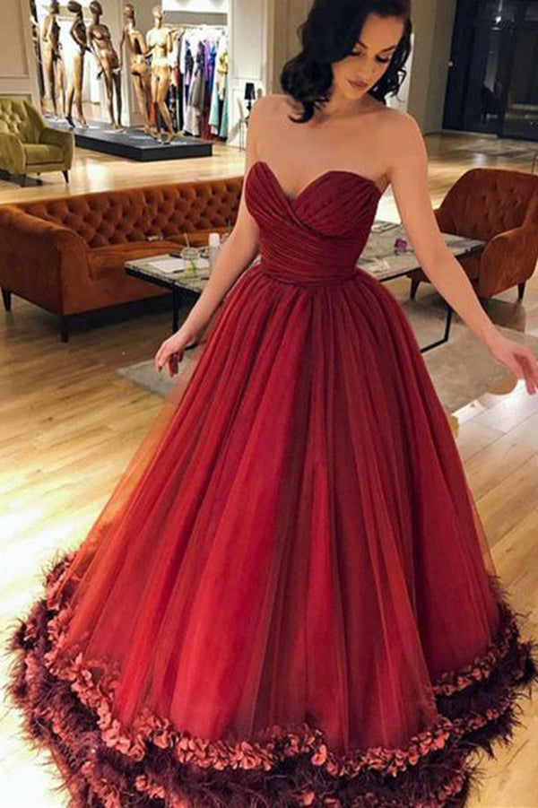 Romantic Burgundy Ball Gown Sweetheart Tulle With Appliques Prom Dresses