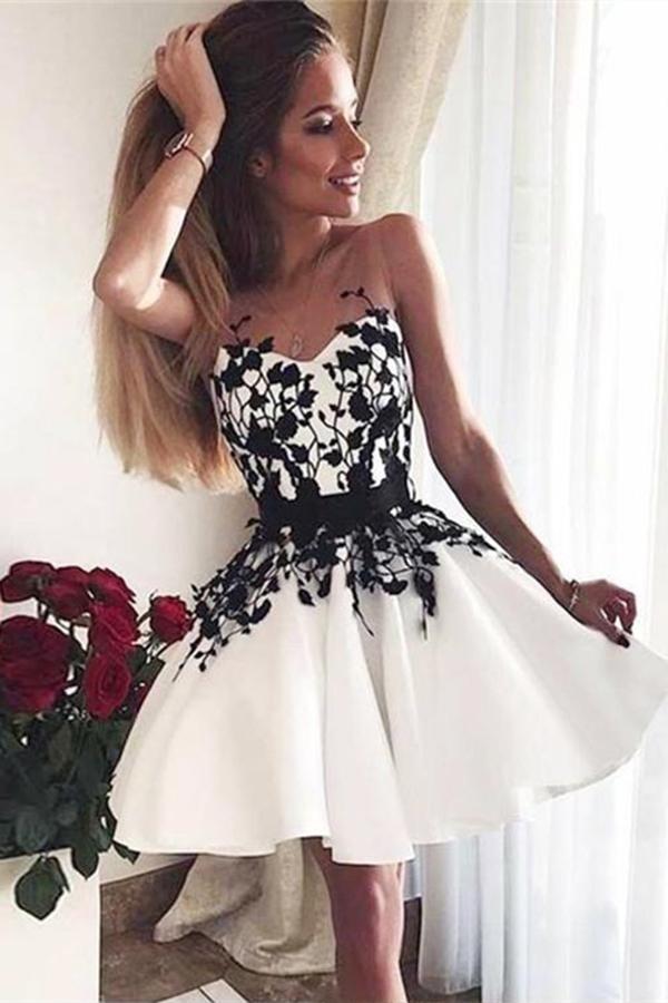 A-Line V-Neck White Sweetheart Satin Above Knee Homecoming Dress with Black Appliques WK668