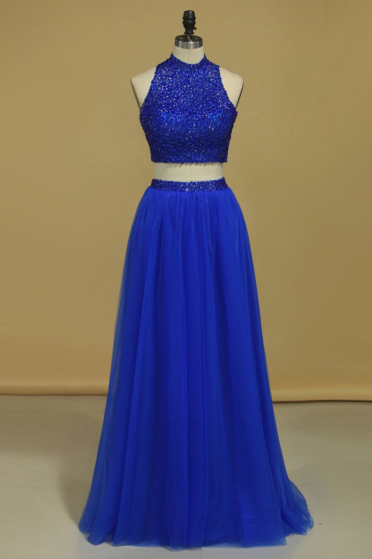 Two-Piece Tulle With Beading Prom Dresses High Neck A Line