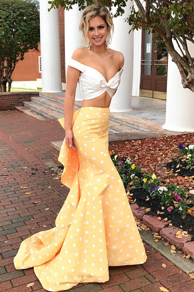 Pretty Ivroy And Yellow Long Mermaid Modest Prom Dresses Prom Gowns