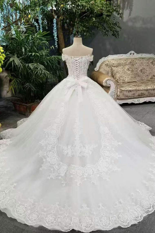 Hot Selling Wedding Dresses Lace Up With Appliques And Sequins And Bow Knot Off The Shoulder