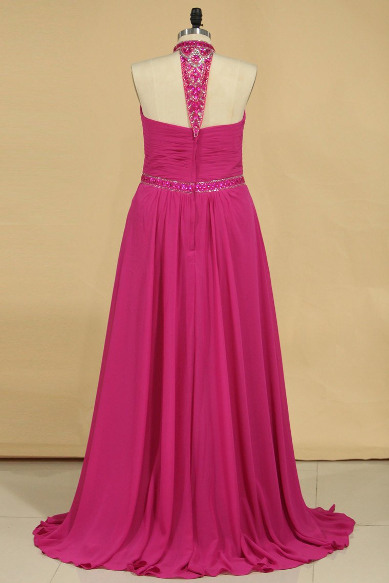 2024 A Line High Neck Prom Dresses Chiffon With Beading And Ruffles