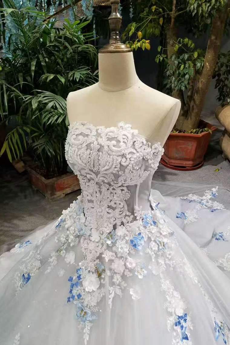 Low Price Floor Length Wedding Dresses Lace Up Strapless With Handmade Butterfly