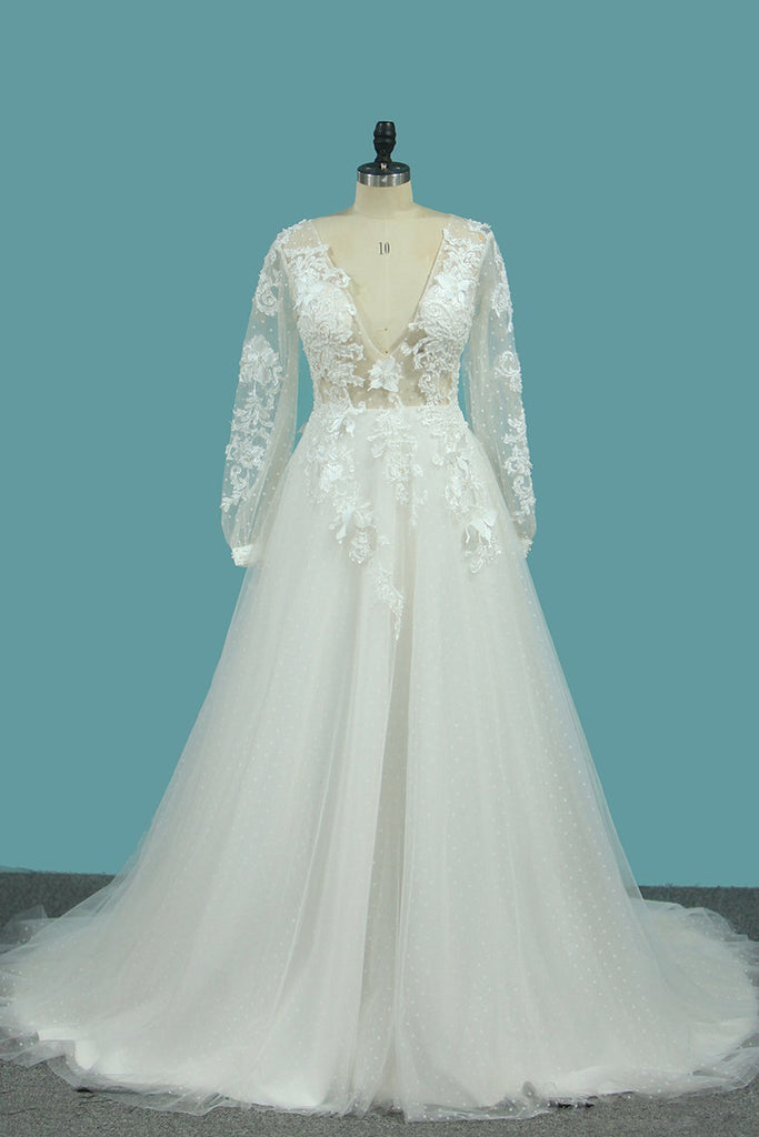 Tulle A Line Deep V Wedding Dresses With Handmade Flower And Beads