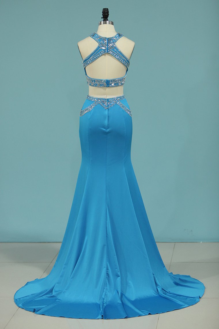 High Neck Two-Piece Prom Dresses Mermaid Spandex With Beading