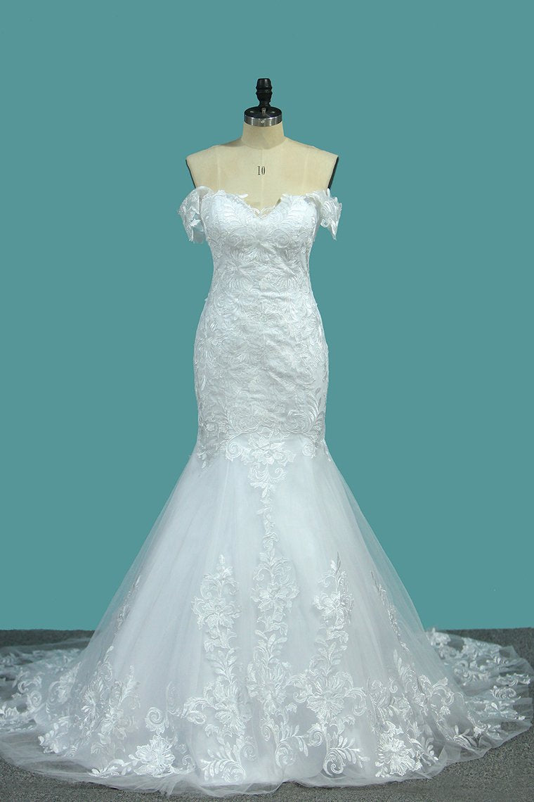 Mermaid Off The Shoulder With Applique Court Train Wedding Dresses