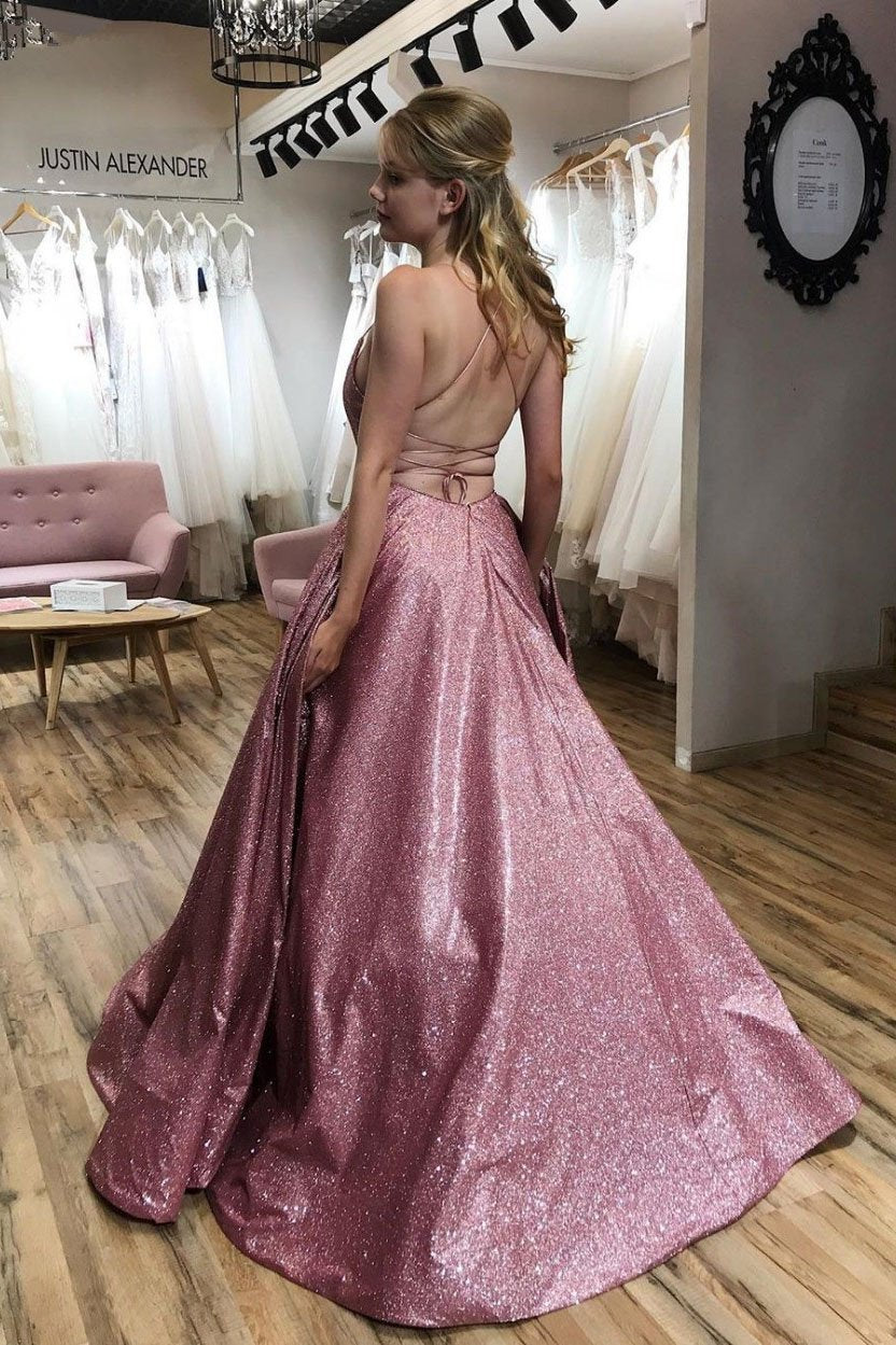 Unique A line Pink Sequins Spaghetti Straps Prom Dresses, Evening SWK15678
