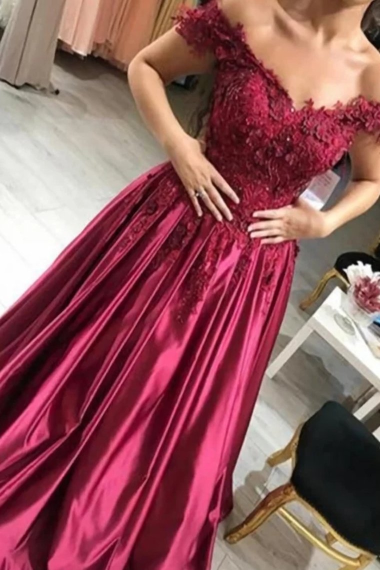 Burgundy Prom Dress Satin Ball Gown Off-The-Shoulder With Applique