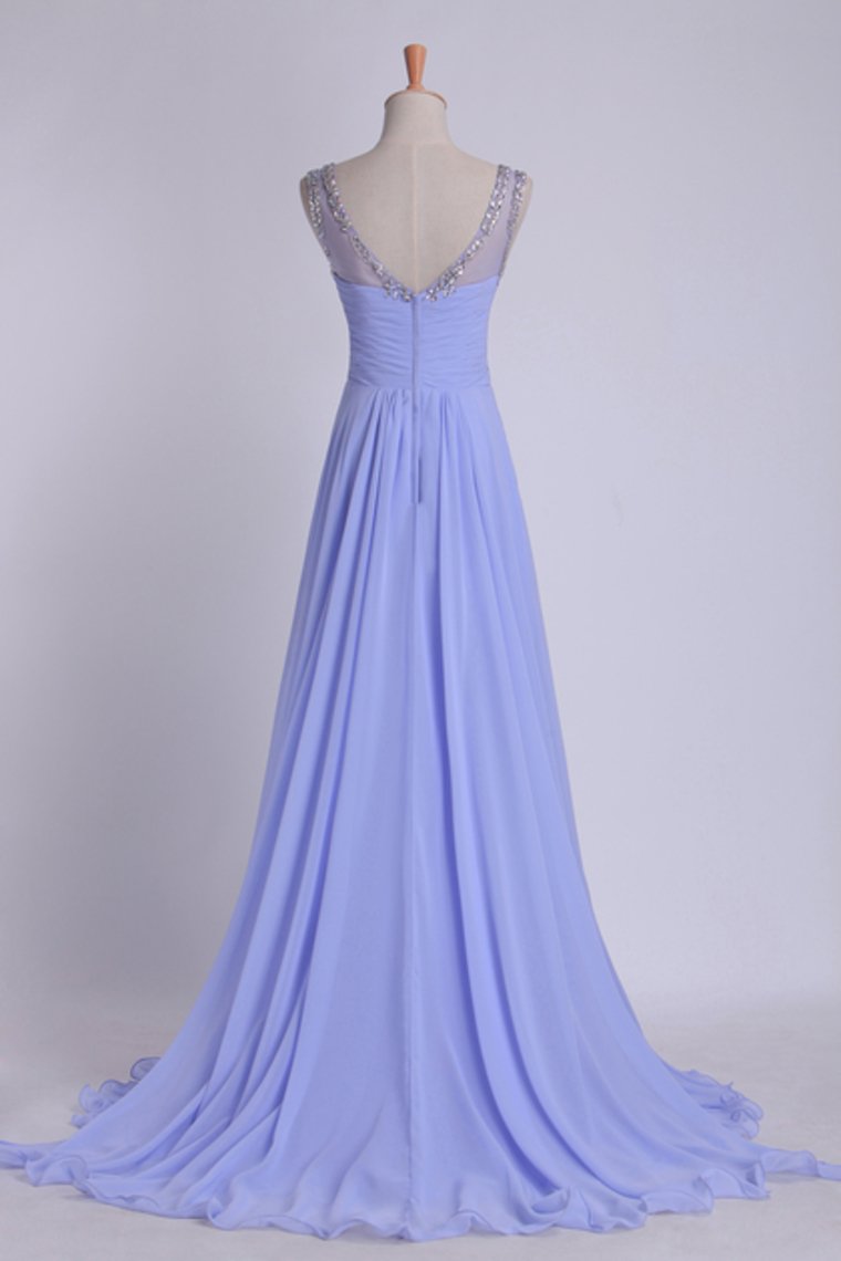 V Neckline And Deep V Back Chiffon Long A Line Prom Dress With Beaded Tulle Straps