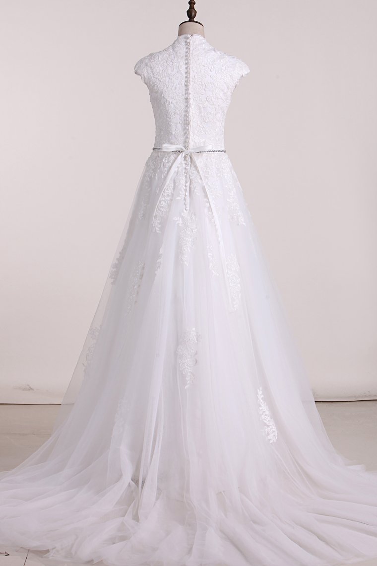 A Line V Neck With Applique Wedding Dresses Tulle Court Train