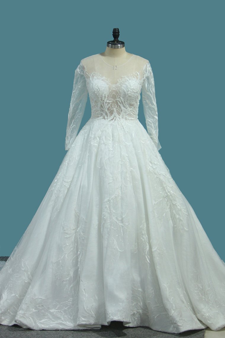 A Line Scoop Long Sleeves Wedding Dresses Tulle With Applique Chapel Train