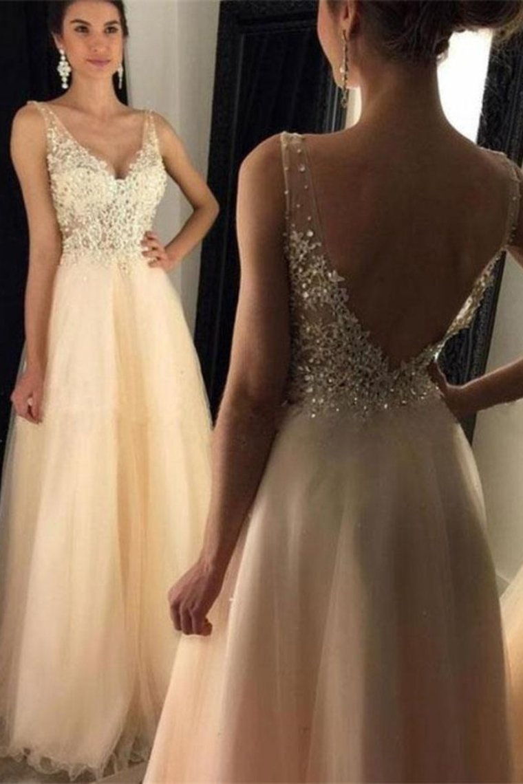 Champagne Lace Tulle Beading A-Line V-Neck Simple Flowy Prom Dresses