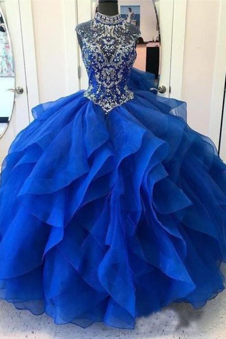 Organza Quinceanera Dresses Ball Gown High Neck Beaded Bodice
