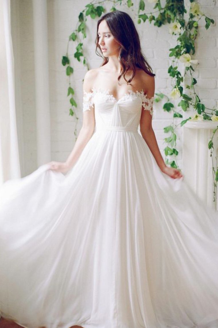 Chiffon Off The Shoulder With Applique And Ruffles A Line Wedding Dresses