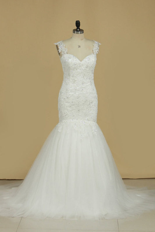 Mermaid Wedding Dresses Straps Tulle Court Train With Applique