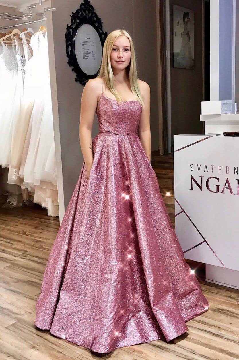 Unique A line Pink Sequins Spaghetti Straps Prom Dresses, Evening SWK15678