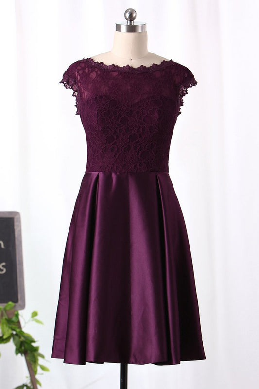 Off The Shoulder Bridesmaid Dresses A-Line Above Knee-Length Lace & Satin