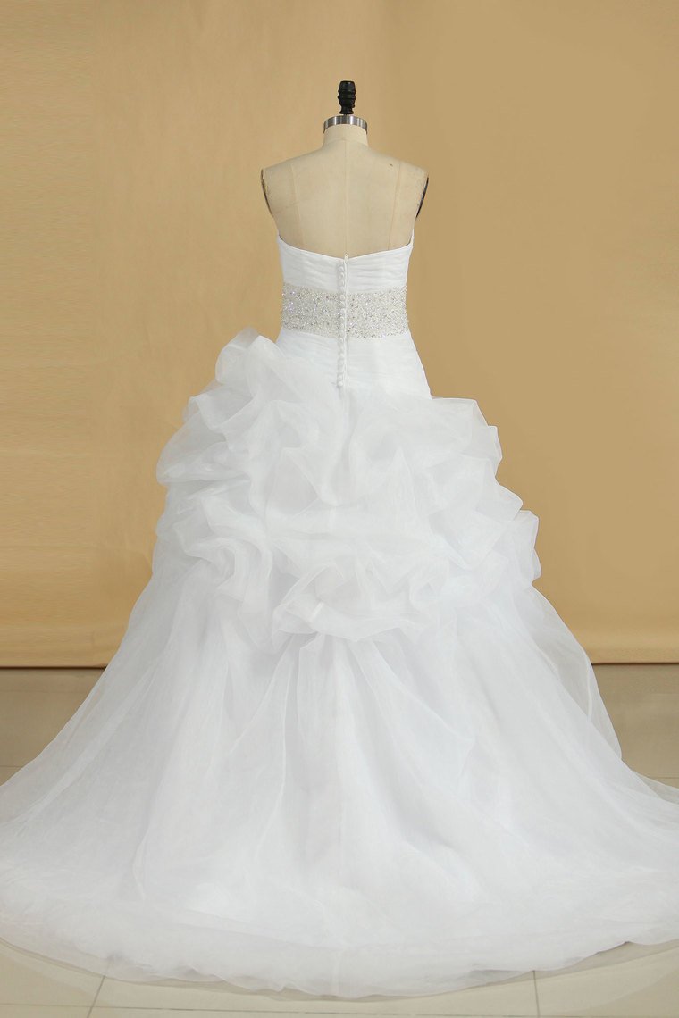 A Line Wedding Dress Sweetheart Ruffles Court Train Beaded Belt Covered Buttons