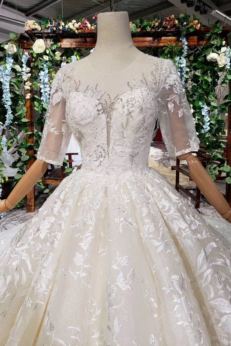 Ball Gown Wedding Dresses Scoop Half Sleeves Appliques 2 Meter Train