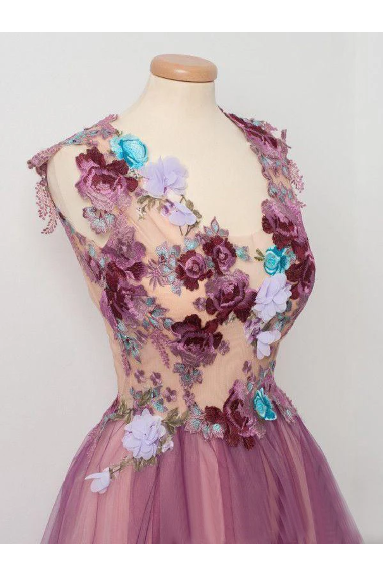 Tulle Flower A Line Prom Dresses Scoop Neck Appliqued Party Dress