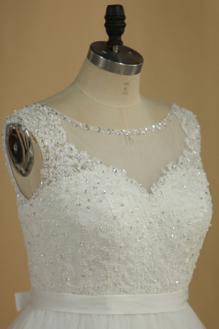 A Line Wedding Dresses Scoop With Applique And Sash Organza