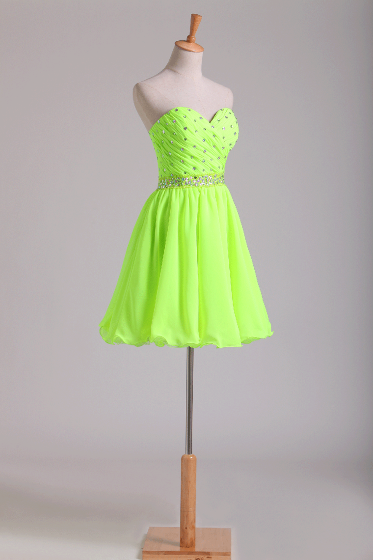 Sweetheart Pleated Bodice Beaded Waistline Homecoming Dress Short Chiffon