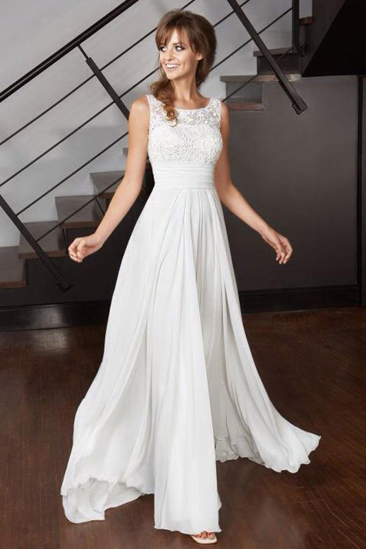 Elegant A Line Scoop Chiffon Ivory Long Appliques Beach Wedding Dresses with Lace WK971