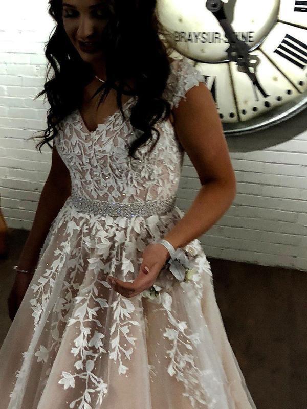 A Line Cheap Nude Quinceanera Dress Lace Appliques Cap Sleeve Beaded Prom Dresses WK238