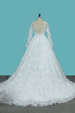 Luxurious A Line Lace Scoop Long Sleeves Wedding Dresses With Pearls Royal Train