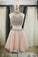 2022 Two Pieces Halter Cute Mini Blush Pink Sexy Short Homecoming Dresses WK925