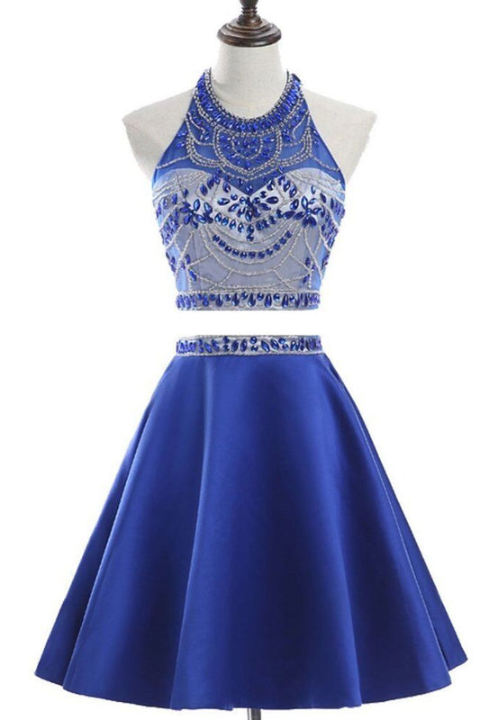 Two-Piece Scoop Beaded Bodice Homecoming Dresses A Line Satin