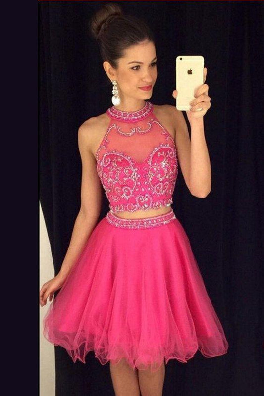 Hot-selling Jewel Short Two Piece Rose Homecoming Dress with Beading WK528