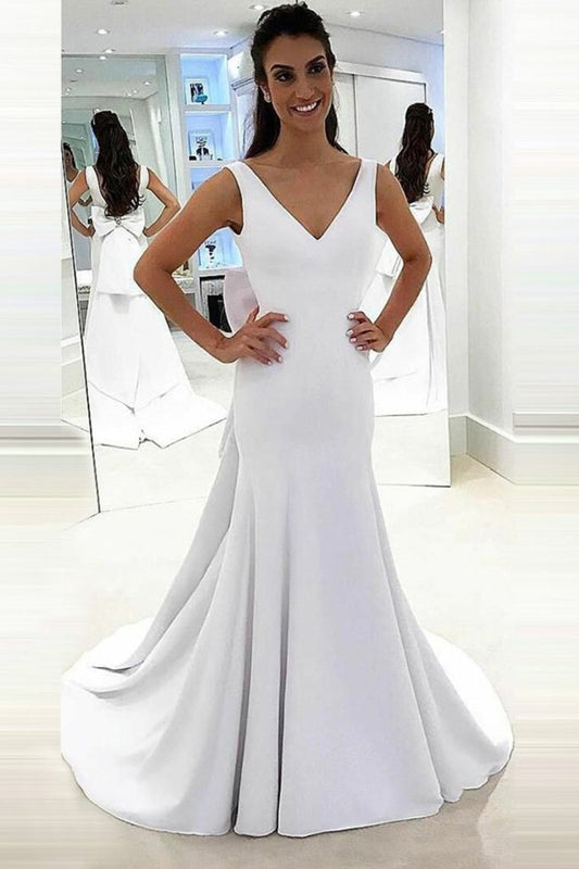 Simple Open Back V-Neck Long White Wedding Dresses Bridal Dresses