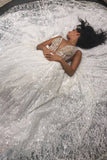 Sparkly Sequin Shiny Long V-Neck Wedding Dresses Charming Modest Bridal Dresses