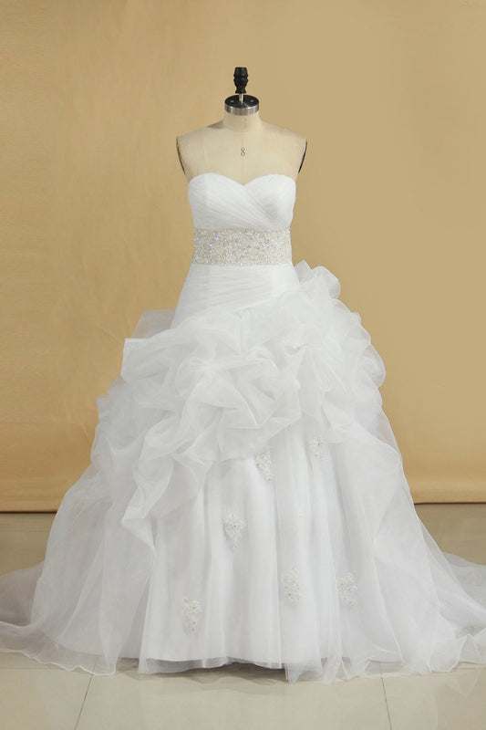 A Line Wedding Dress Sweetheart Ruffles Court Train Beaded Belt Covered Buttons