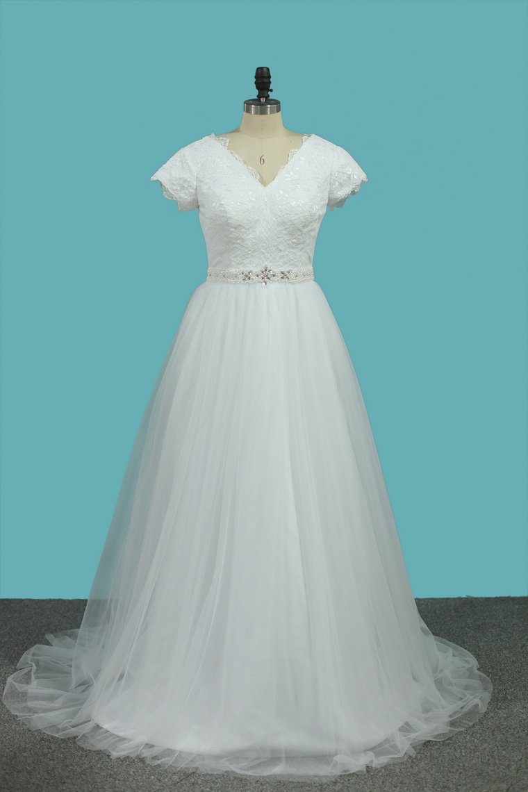 Short Sleeves V Neck Wedding Dresses Tulle & Lace With Beading