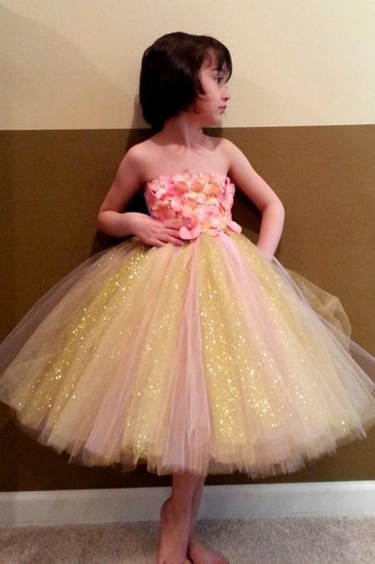 Sweet Ball Gown Strapless Tulle Ankle-length Bowknot Ribbons Multi Flower Girl Dresses WK734