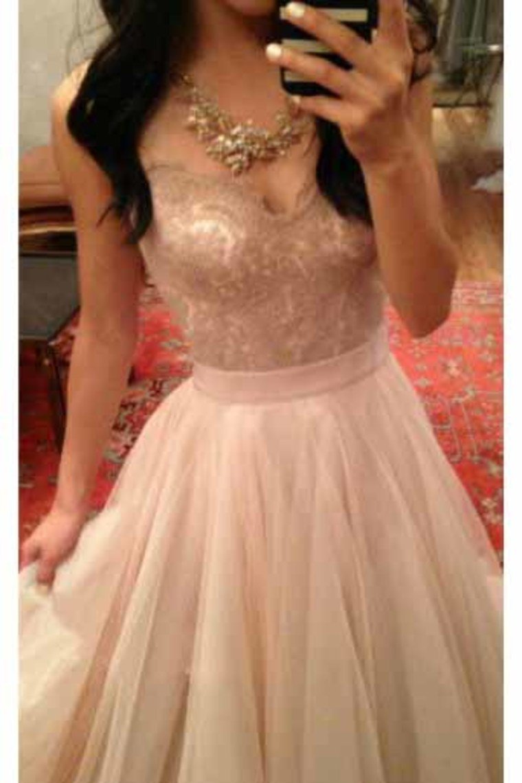 Tulle Sweetheart A Line Prom Dresses With Applique Sweep Train
