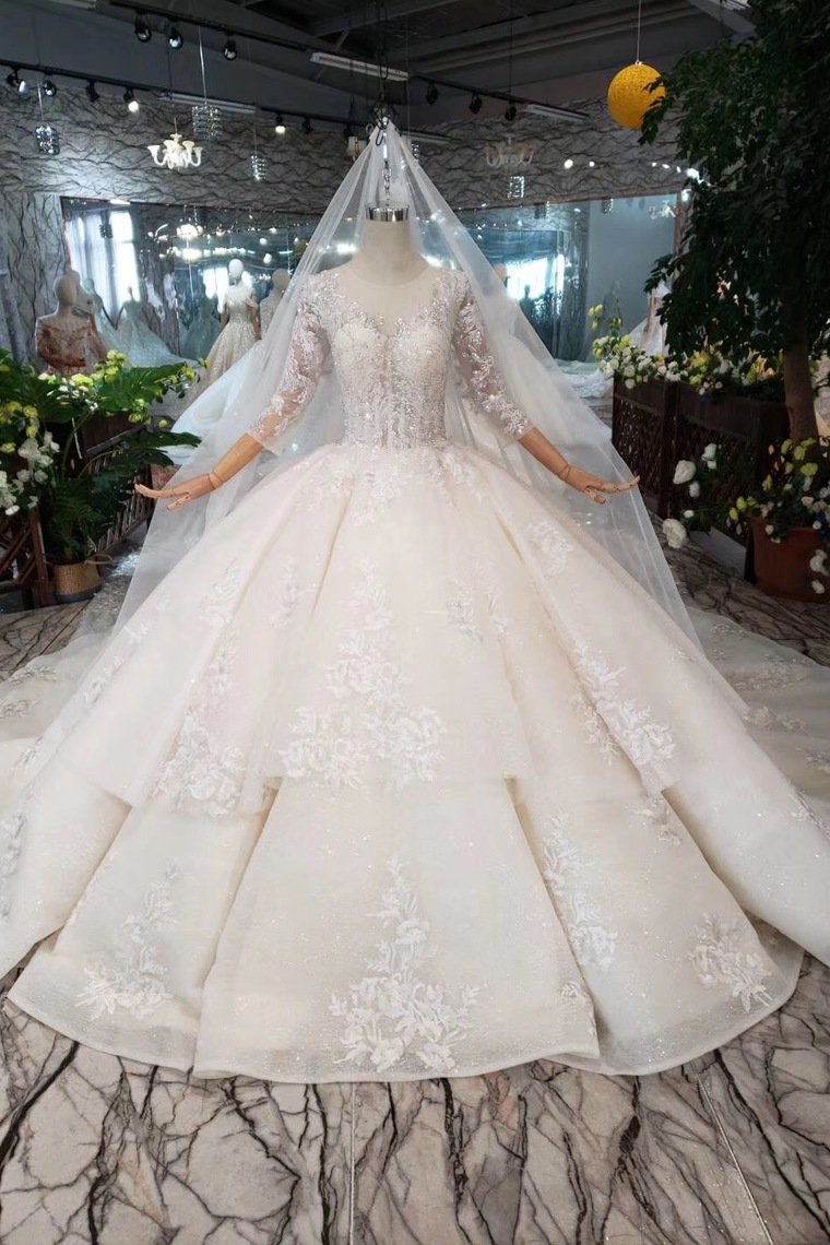 Ball Gown Lace Up Back Cathedral Train Wedding Dress Appliques&Beads