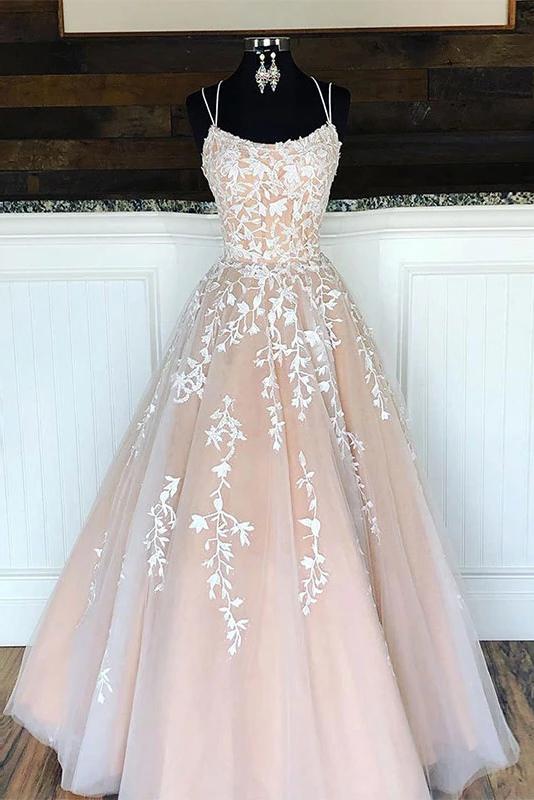 Puffy Spaghetti Straps Floor Length Prom Dress with Appliques Long Evening Dress WK605