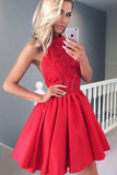 Cute A Line Round Neck Open Back Satin Red Short Homecoming Dresses with Lace WK948