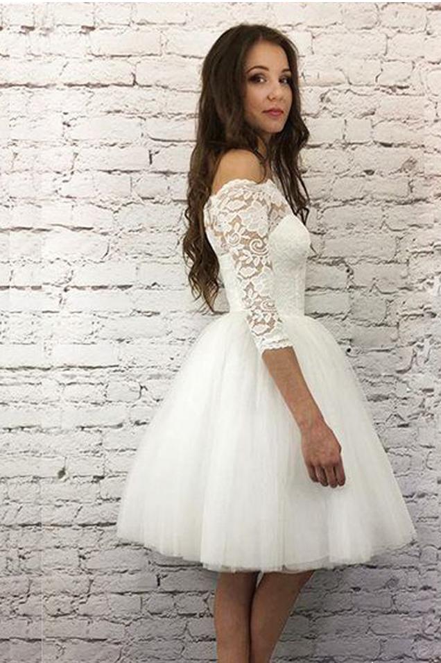 Chic Off the Shoulder Half Sleeves Ivory Lace Short Tulle Homecoming Dresses WK938