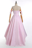 A-Line Pink Off the Shoulder Sweetheart Satin Lace up Hi-Lo Prom Homecoming Dresses WK515