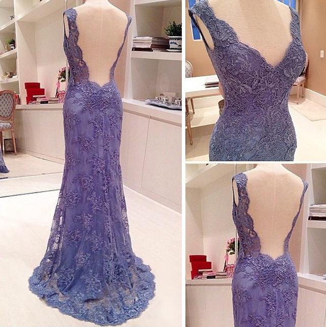 2024 New Style Custom Mermaid V-Neck Sleeveless Open Back Blue Lace Evening Dresses WK11